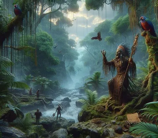 a painting of a man in the jungle with a parrot on his arm