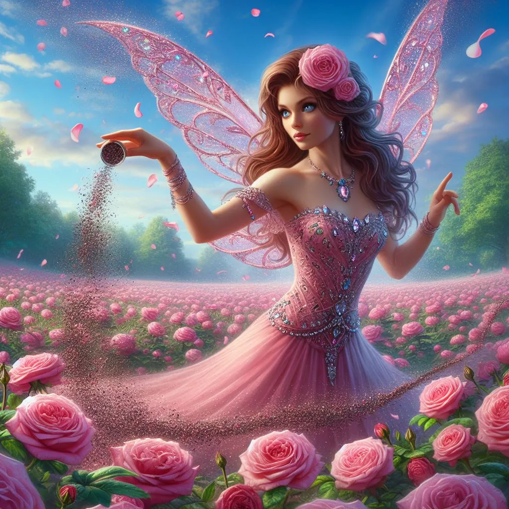 a beautiful fairy  sprinkling black pepper in a field of pink roses