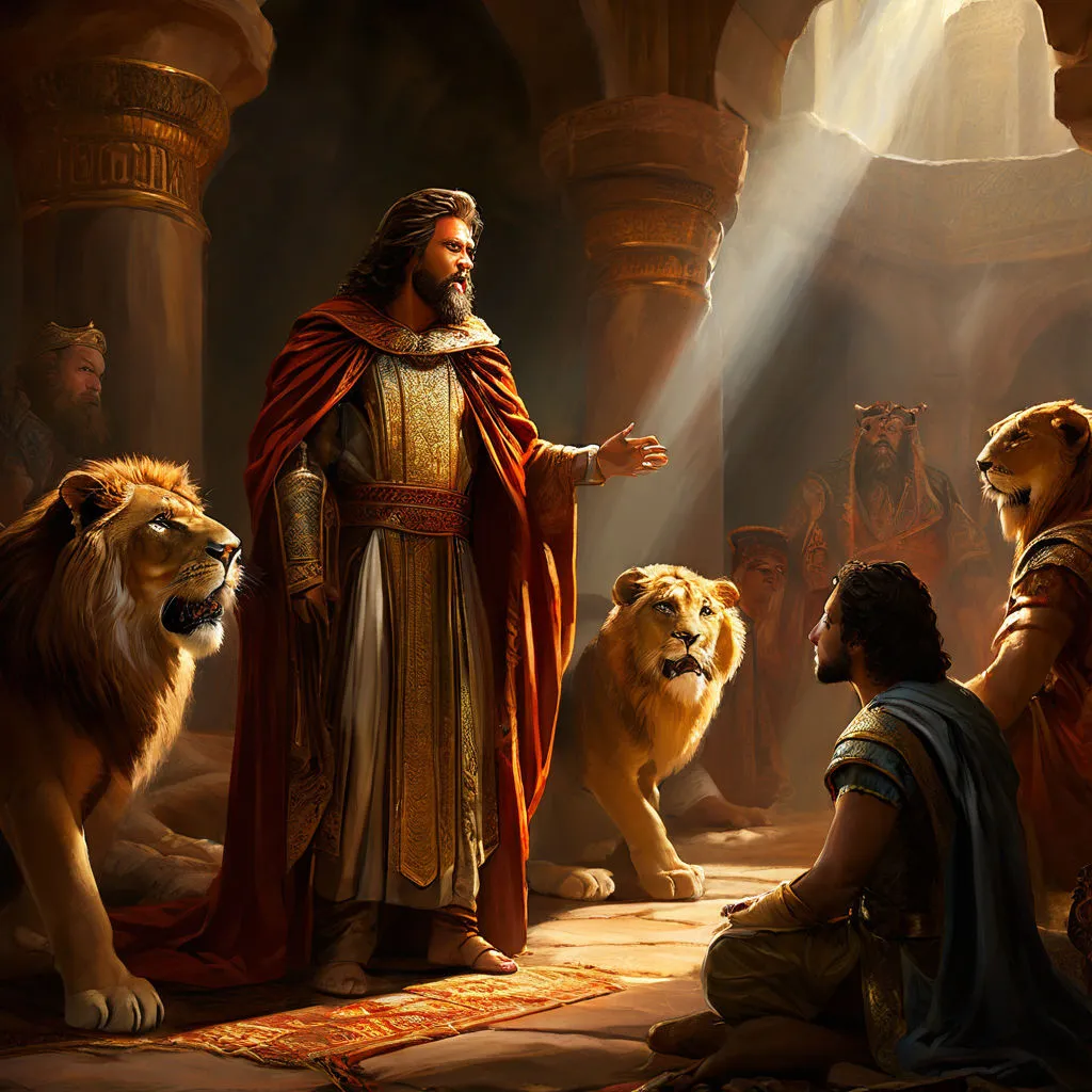 a painting of a man surrounded by lions