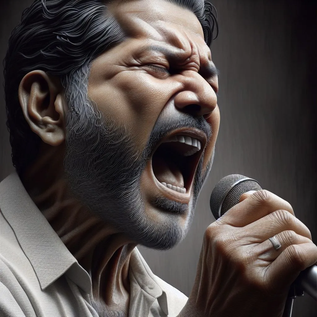 a man singing into a microphone with his mouth open