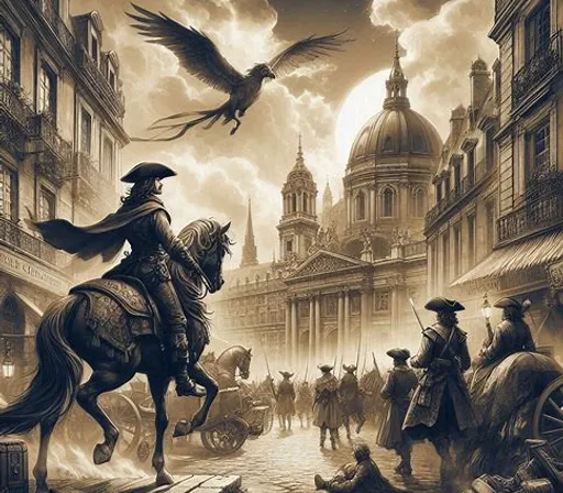 a painting of a man on a horse with a bird flying over him