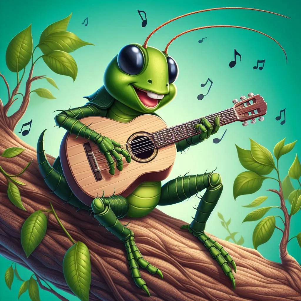 a cartoon frog playing a guitar while sitting on a tree branch