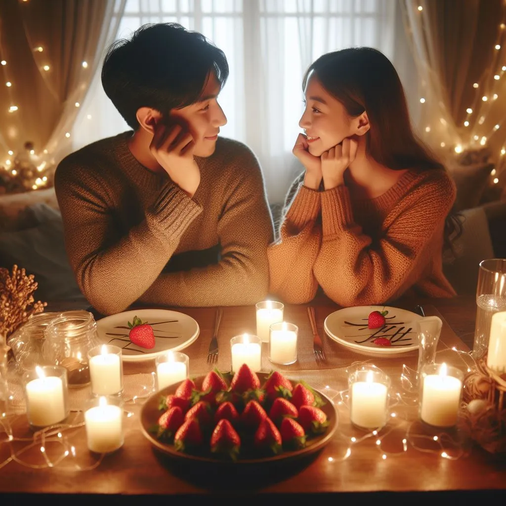 two people sitting at a table with a plate of strawberries