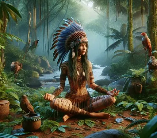 a painting of a native american woman sitting in a forest