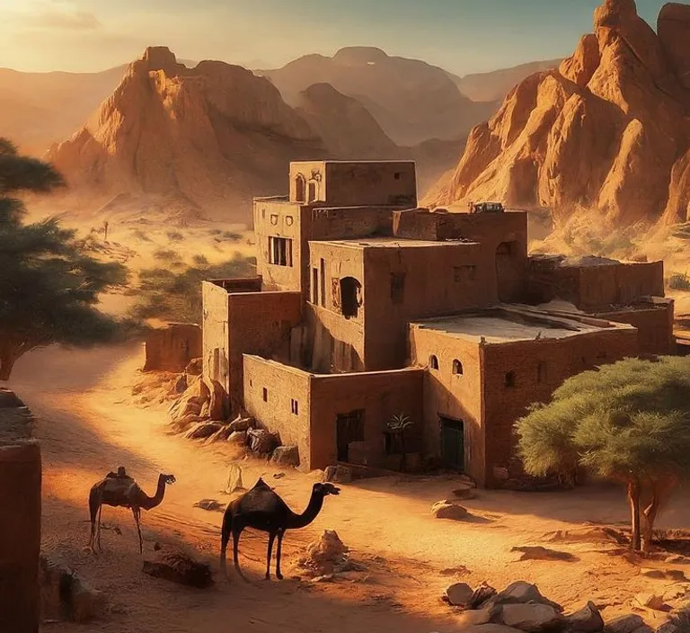 a painting of a desert village with camels