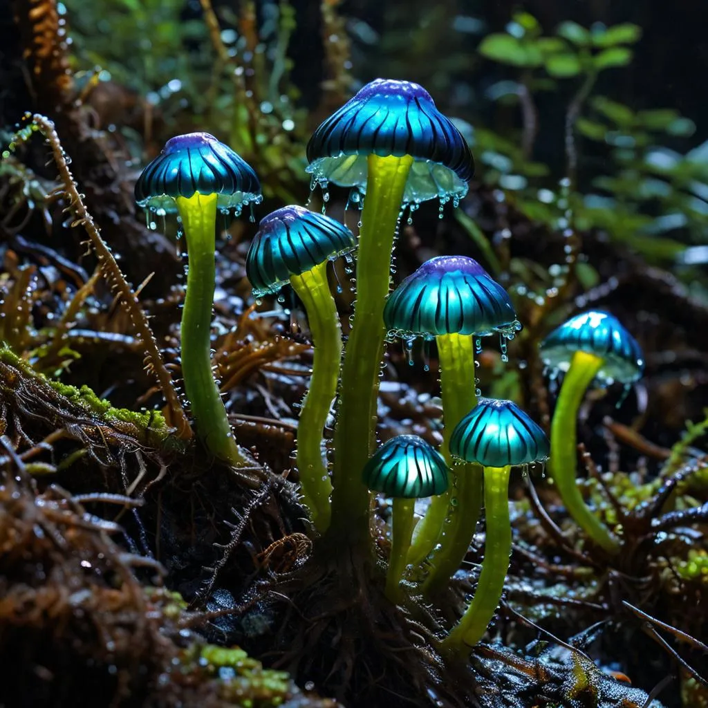 a group of blue and green mushrooms in the forest