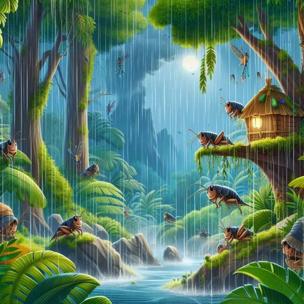 a painting of a jungle scene with animals in the rain