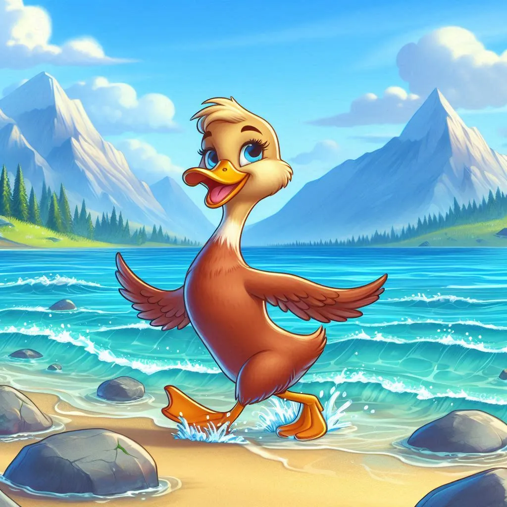 a cartoon duck running on the beach with mountains in the background