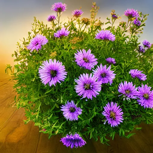 a bouquet of purple flowers sitting on top of a wooden table