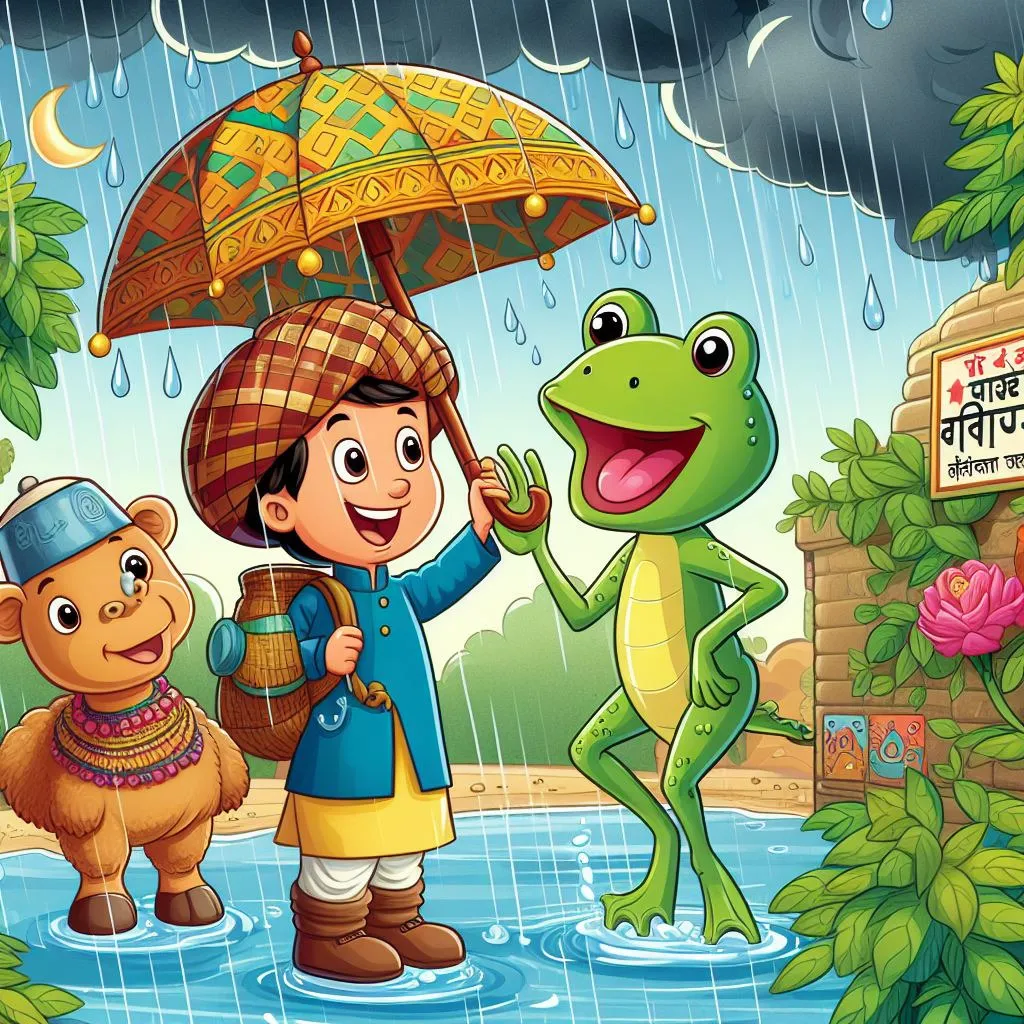 a boy holding an umbrella next to a frog and a bear