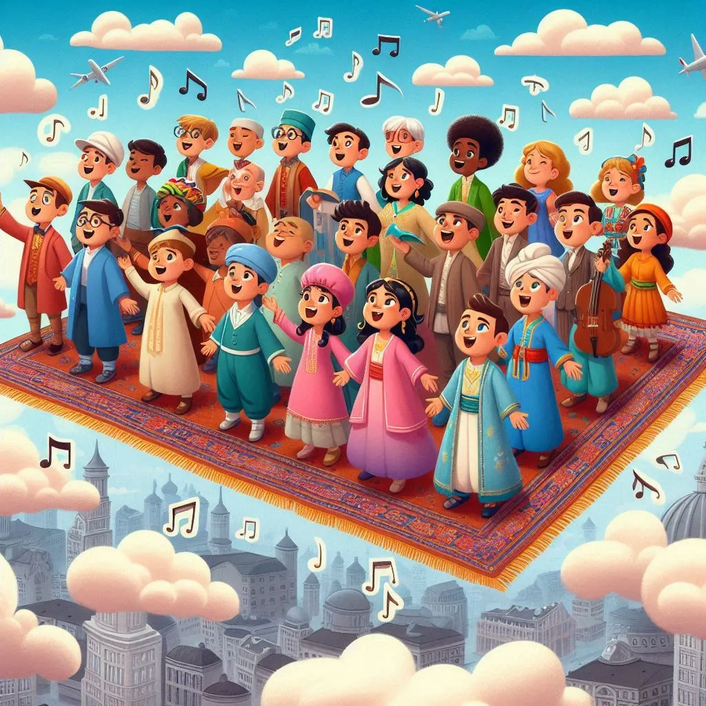 Scene: Chorus in the Sky
Description: The children, now wearing outfits representing their countries, sing the chorus while flying high in the sky, with clouds forming musical notes.
Characters: Children in international costumes.
Objects: Flying carpet, clouds, musical notes.