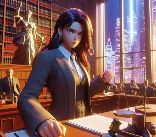 a woman in a suit standing in front of a desk