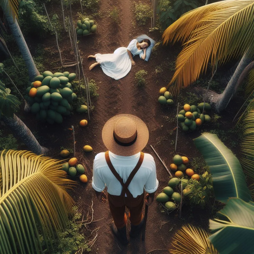 a farmer standing in the middle of a forest and a woman asleep on the ground