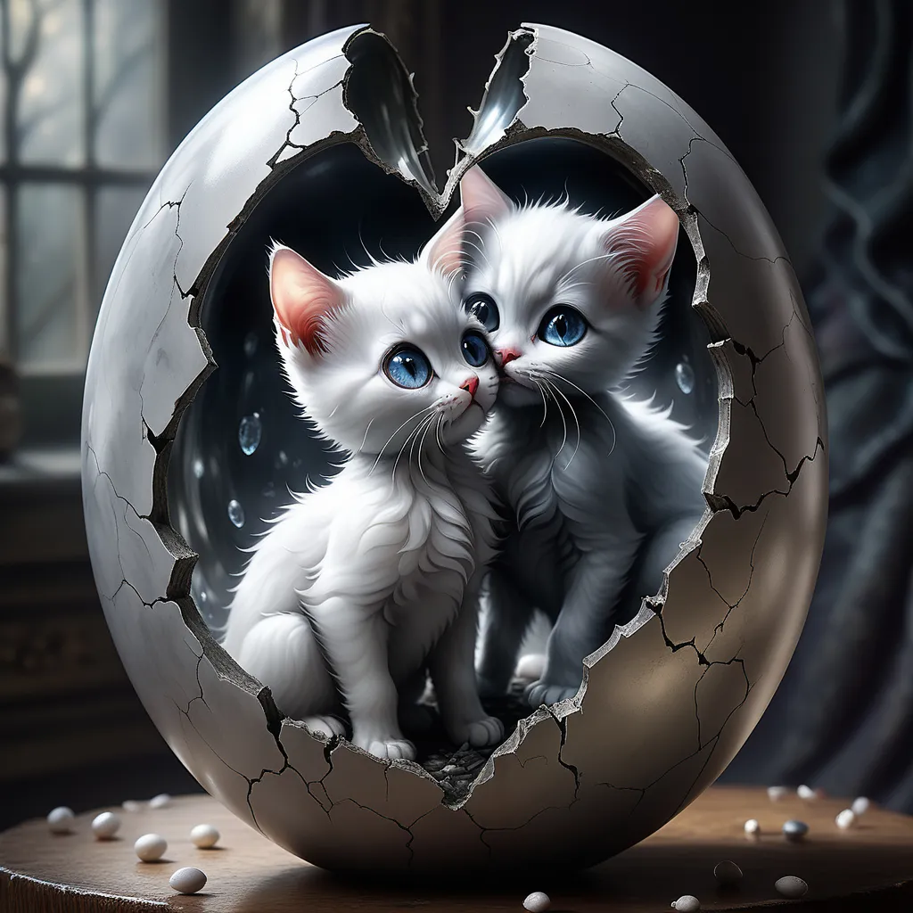 a couple of cats sitting inside of a cracked egg