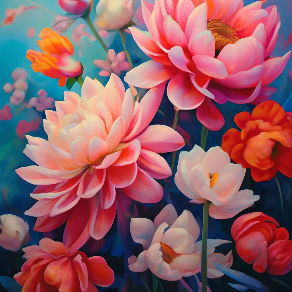 a painting of pink and orange flowers on a blue background