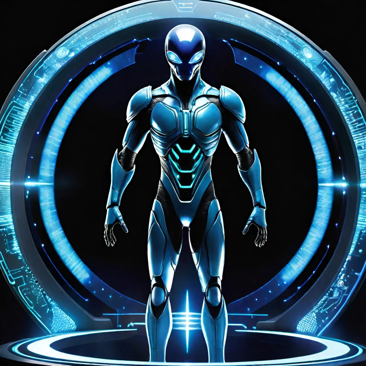 a man in a futuristic suit standing in front of a circular background