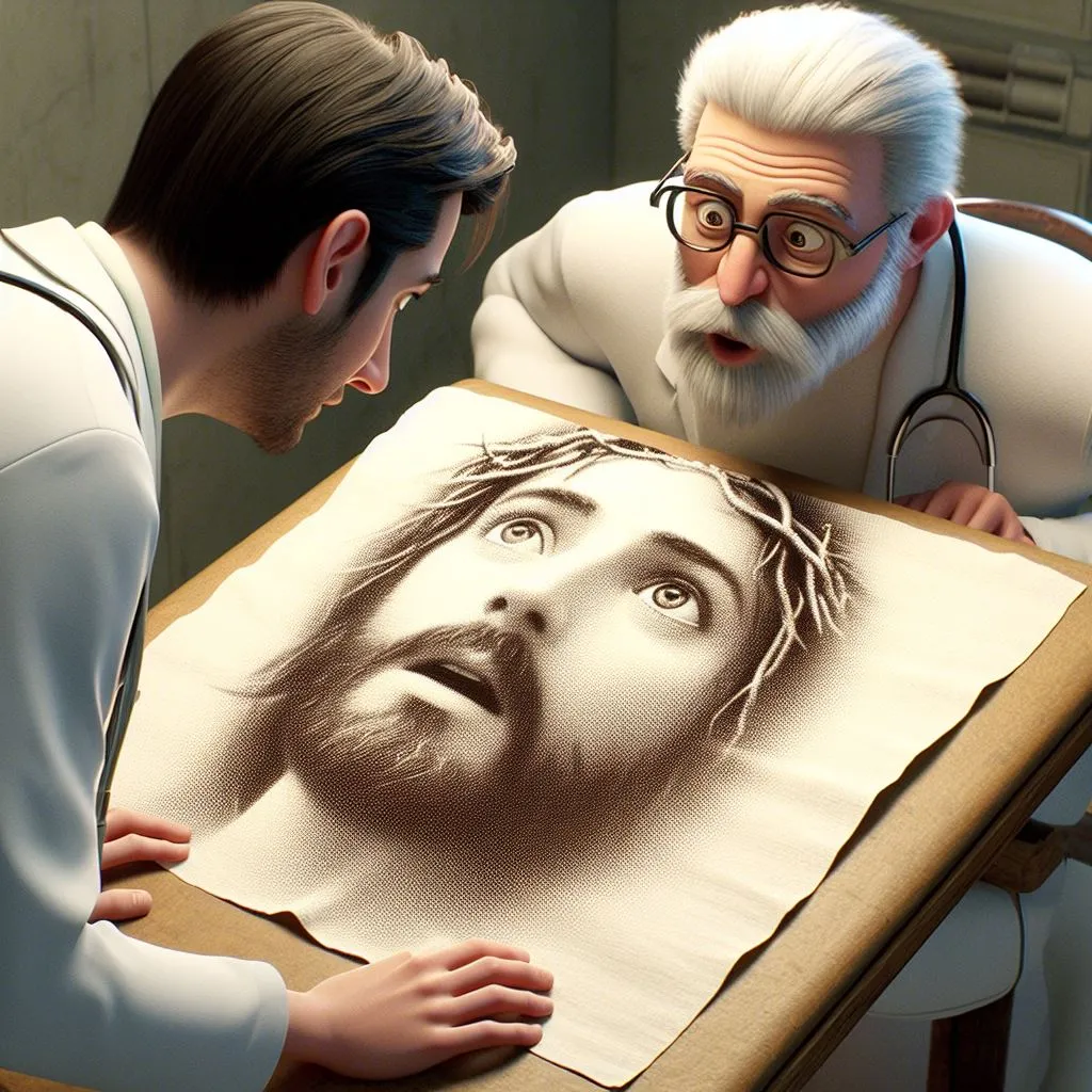 a man and a woman looking at a picture of jesus