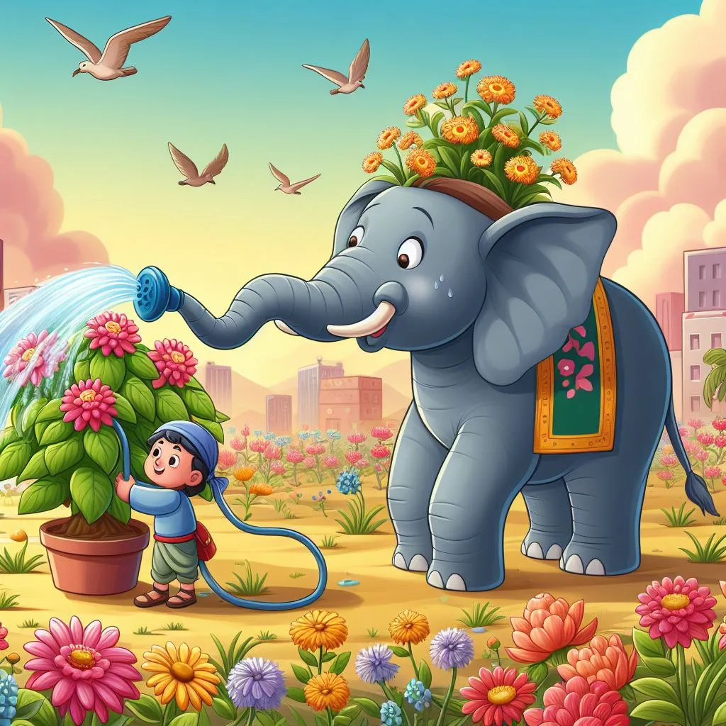 an elephant watering a child with a watering hose