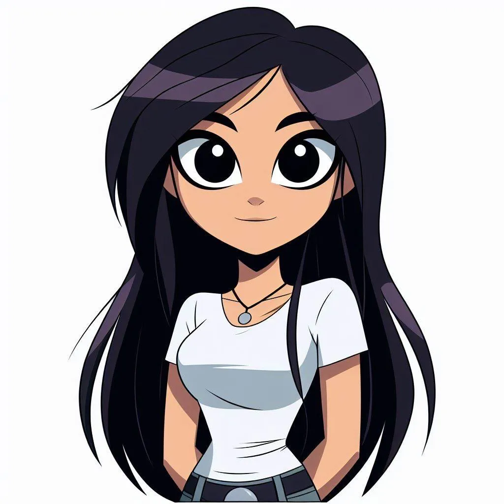 a cartoon girl with long black hair and big eyes that shake her hand