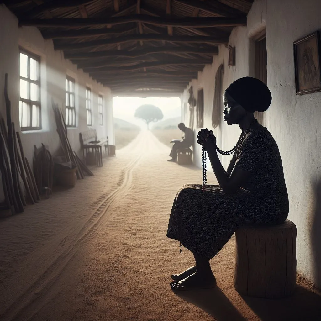 a woman sitting on a bench in a building