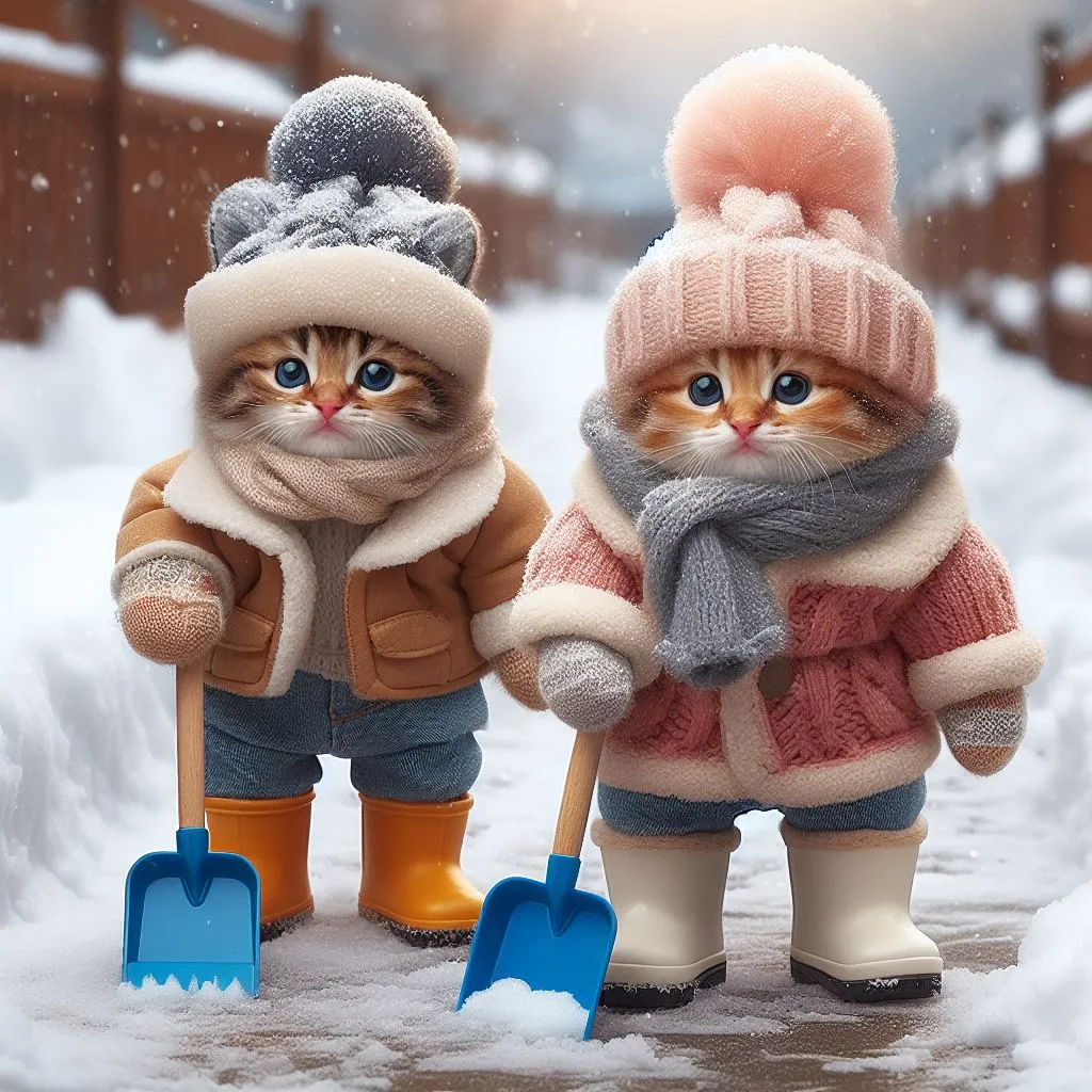 a couple of cats that are standing in the snow