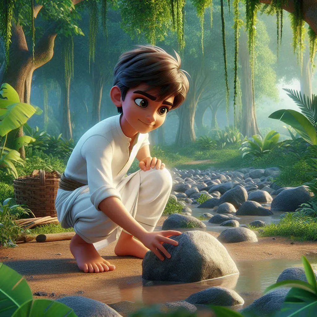  a handsome boy wearing white shirt and white dhoti picking  stone from ground  in jungle  3D animation cartoon  