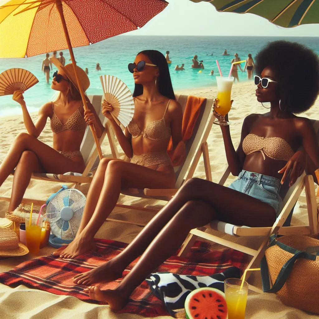 People lounging under umbrellas, sipping cold drinks, and using fans to cool off from the summer heat.