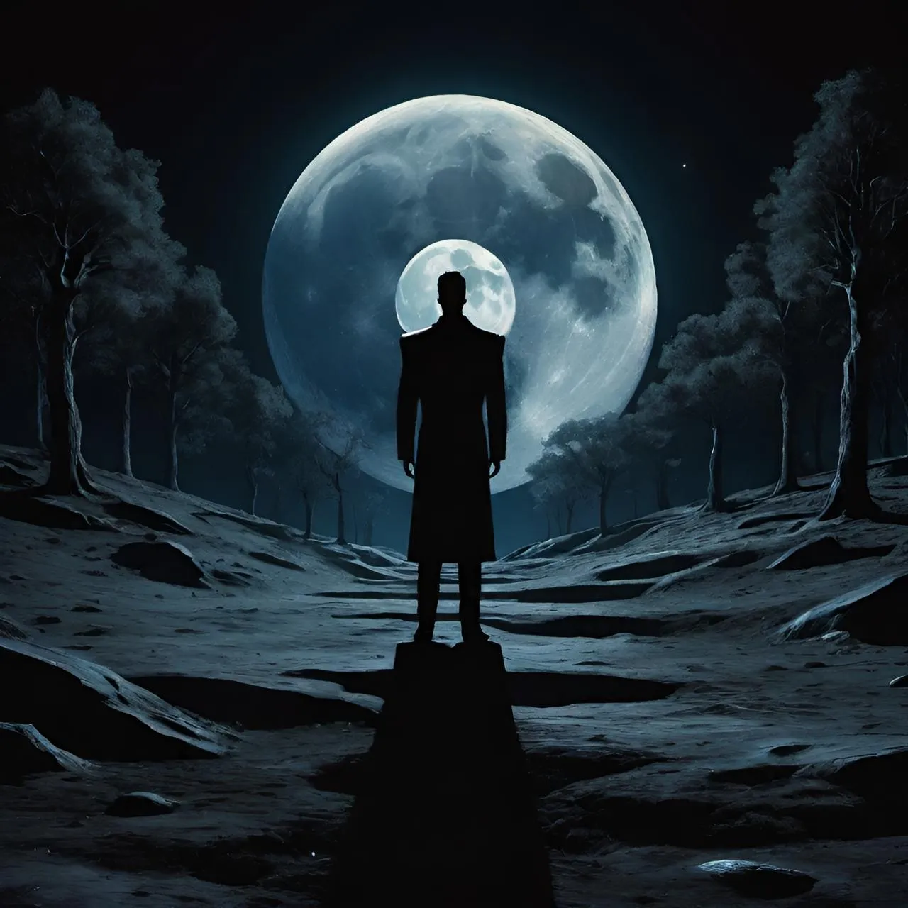 a man standing in front of a full moon