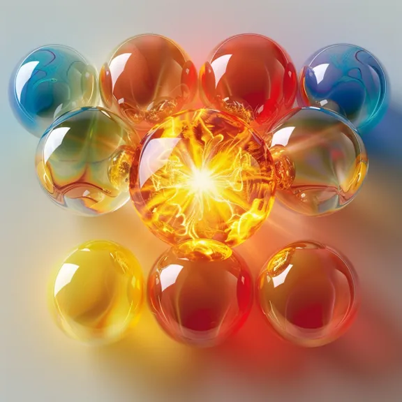 small colored glass balls roll on a plastic box illuminated by sunlight