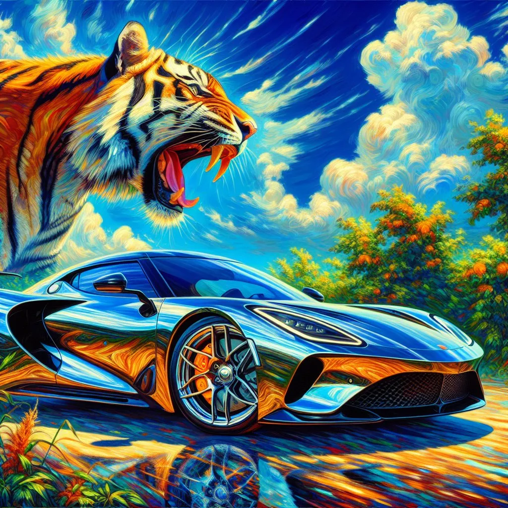 a painting of a tiger and a sports car Everything is alive and in a bright glow