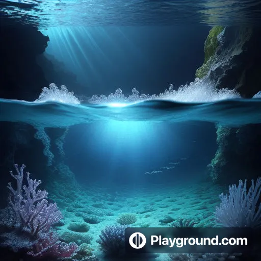 an underwater view of a coral reef with sunlight streaming through the water