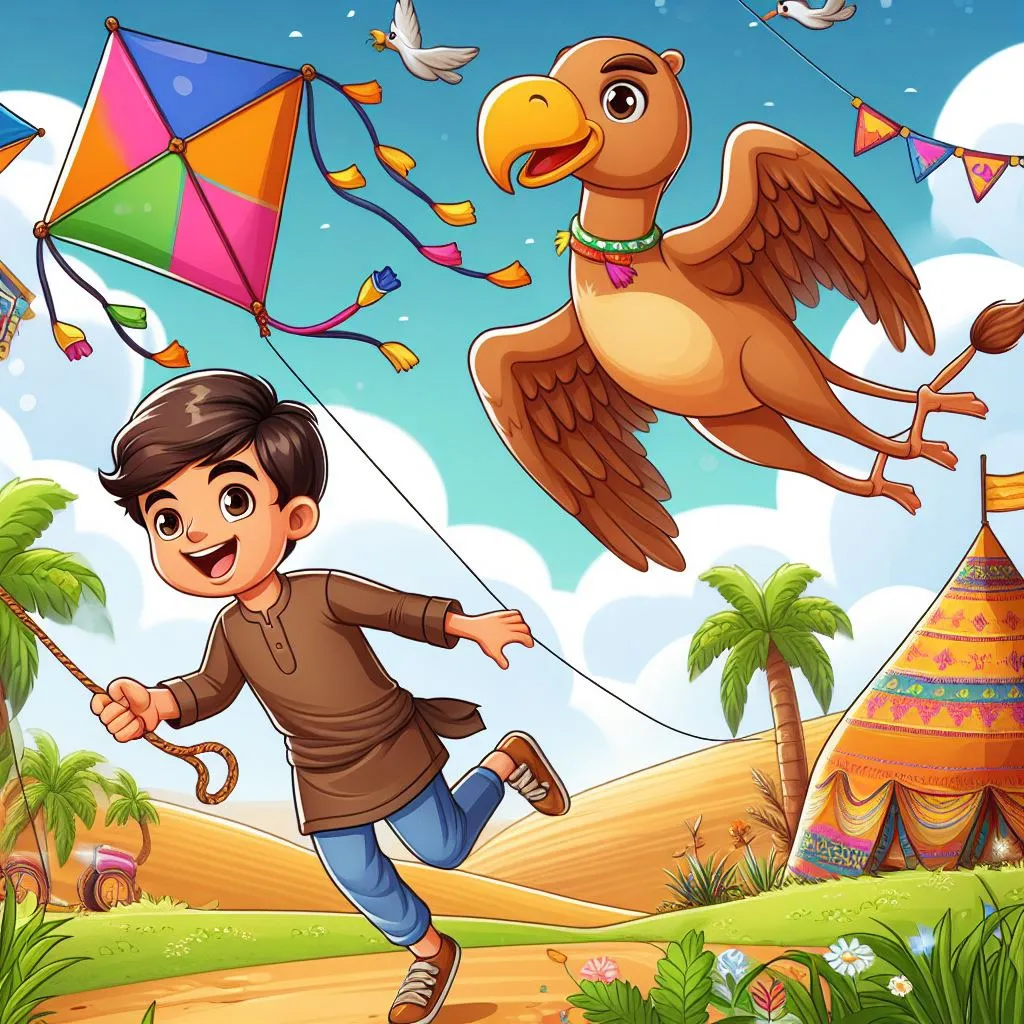 a boy flying a kite with a bird on it