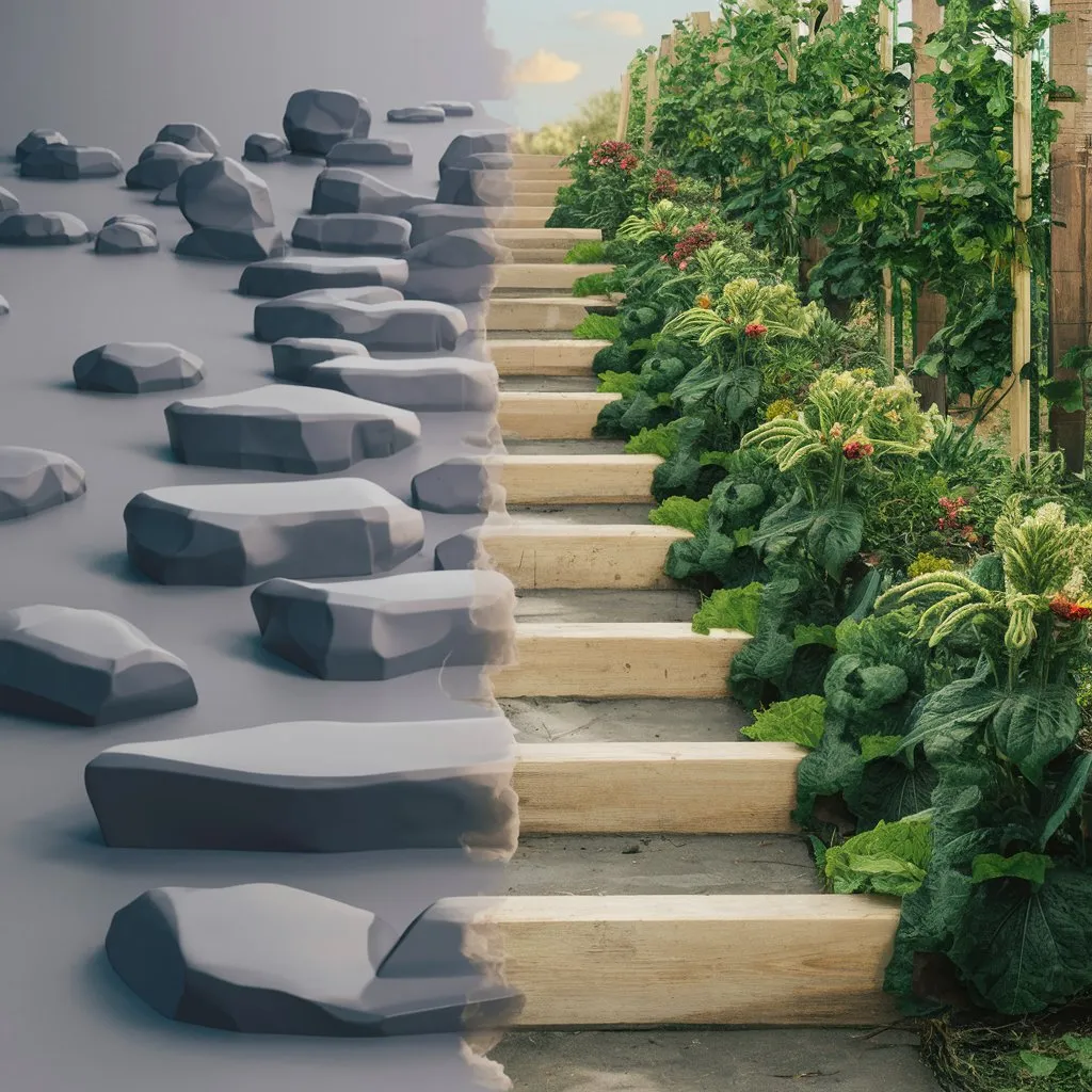 A scene of transformation, with an image split in half: on one side a series of obstacles such as rocks and barriers, on the other side a lush and thriving garden, showing the process of turning challenges into opportunities.