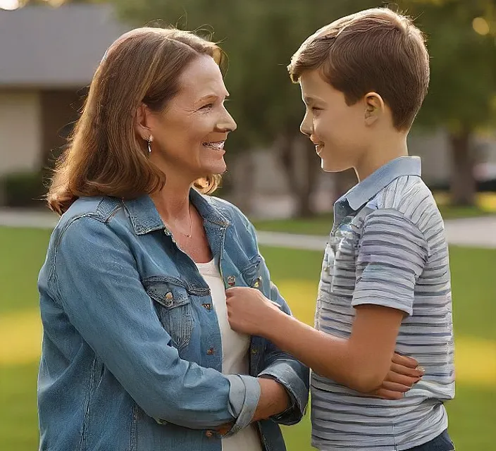 a woman standing next to a boy in a park, happy and smiling, sun rays. hyper realistic, cinematic look, 35mm