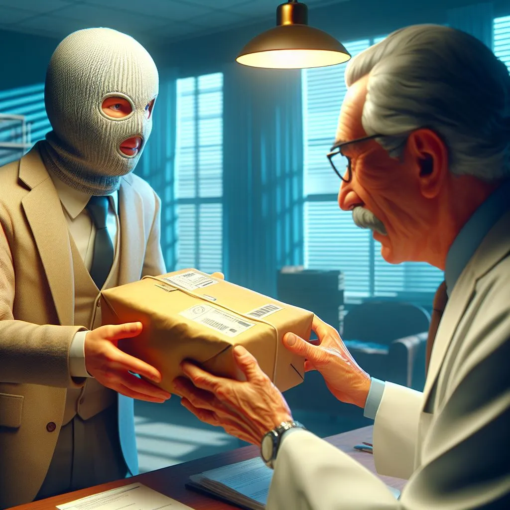 a man in a suit handing a box to a man in a mask