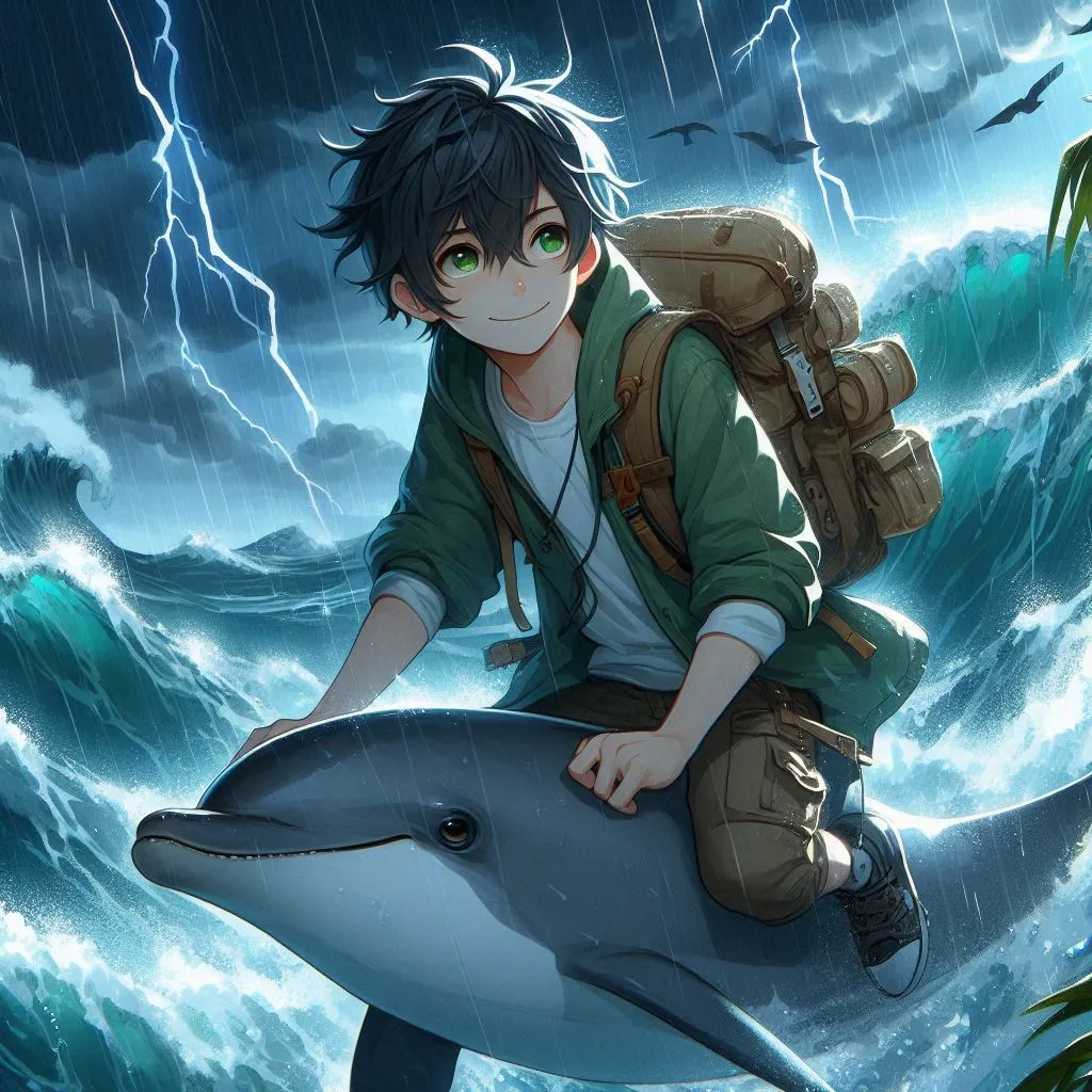 a boy riding on the back of a shark