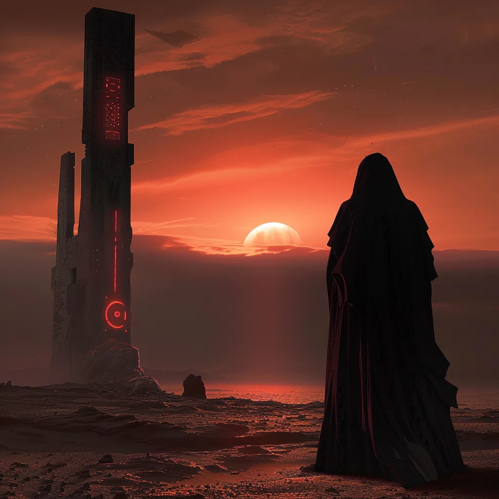 a man standing in front of a tall tower. Vibrant colours. Cloak flowing in the wind.