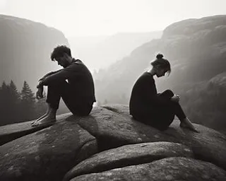 a couple of people sitting on top of a rock