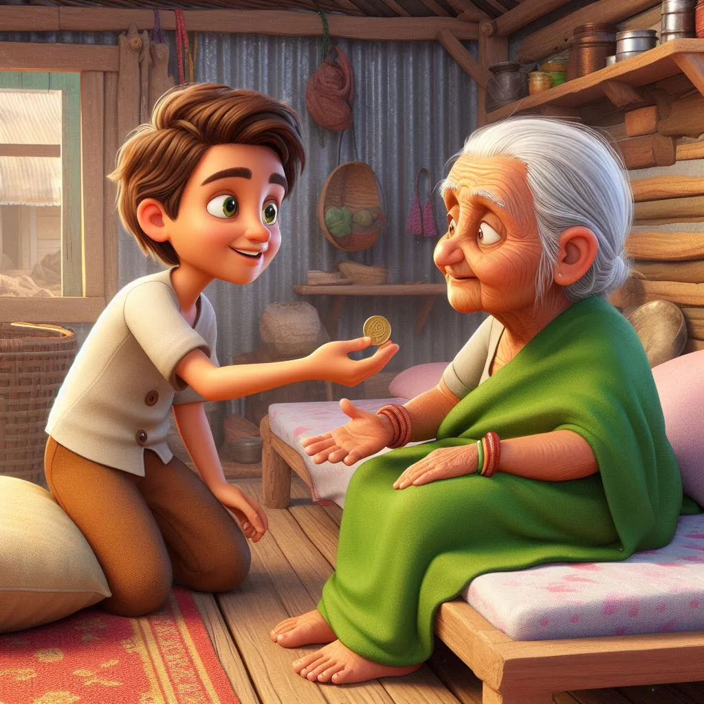 a cartoon of a boy giving something to an older woman