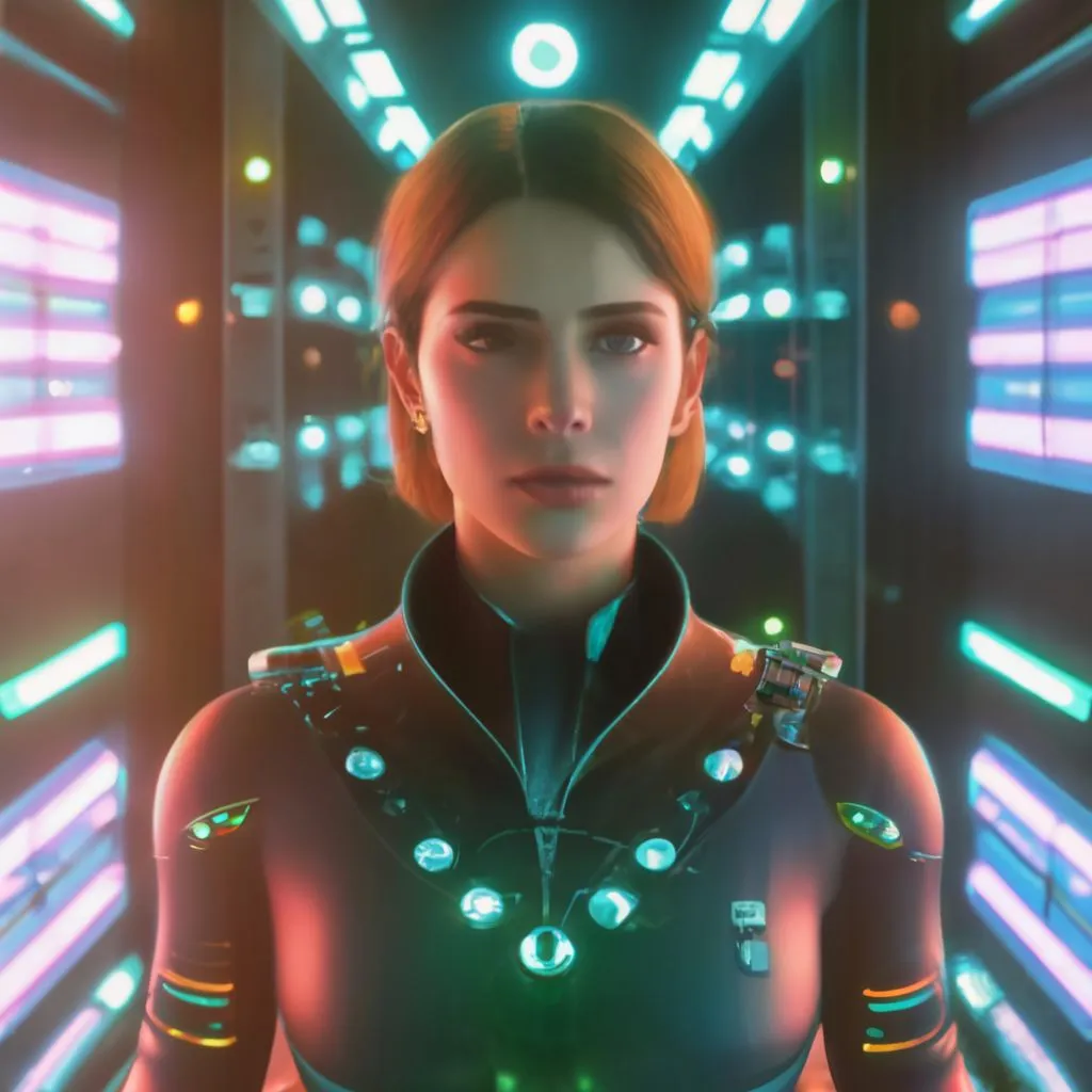 a woman in a futuristic space station looking at the camera