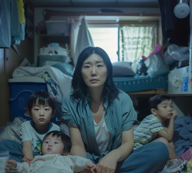 a woman sitting on top of a bed next to two children