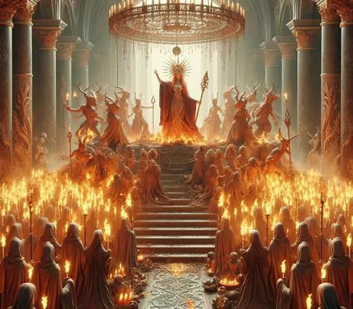 a large group of people standing in front of a throne