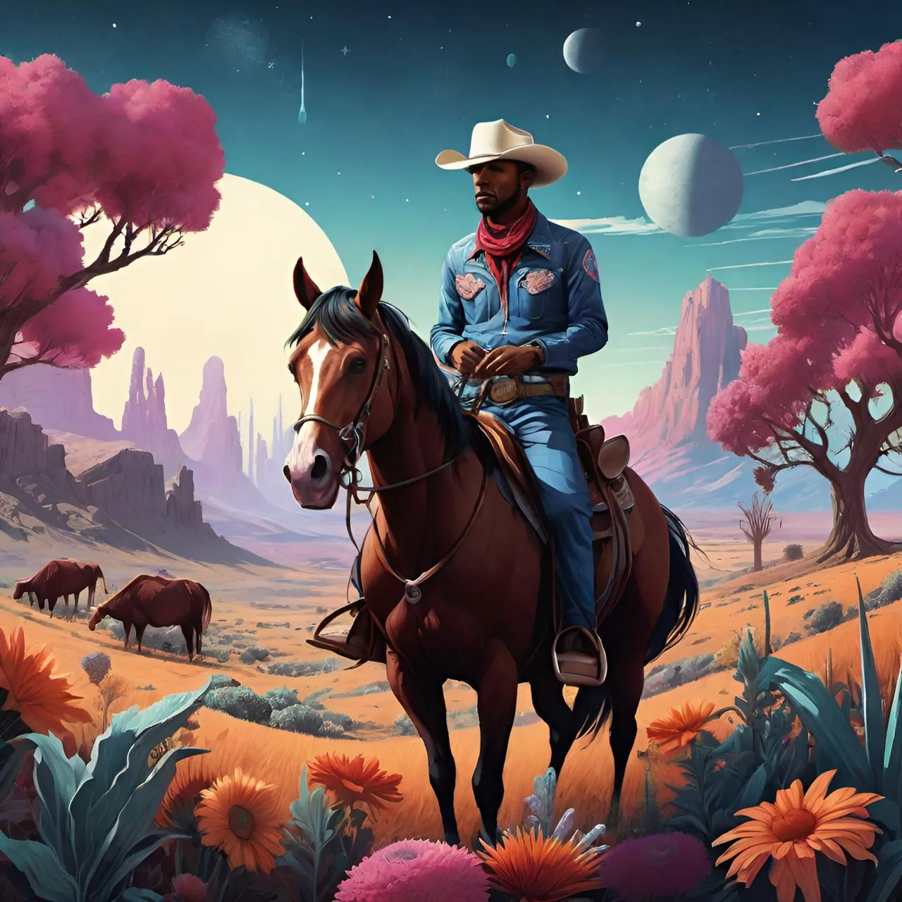 a painting of a man on a horse in the desert