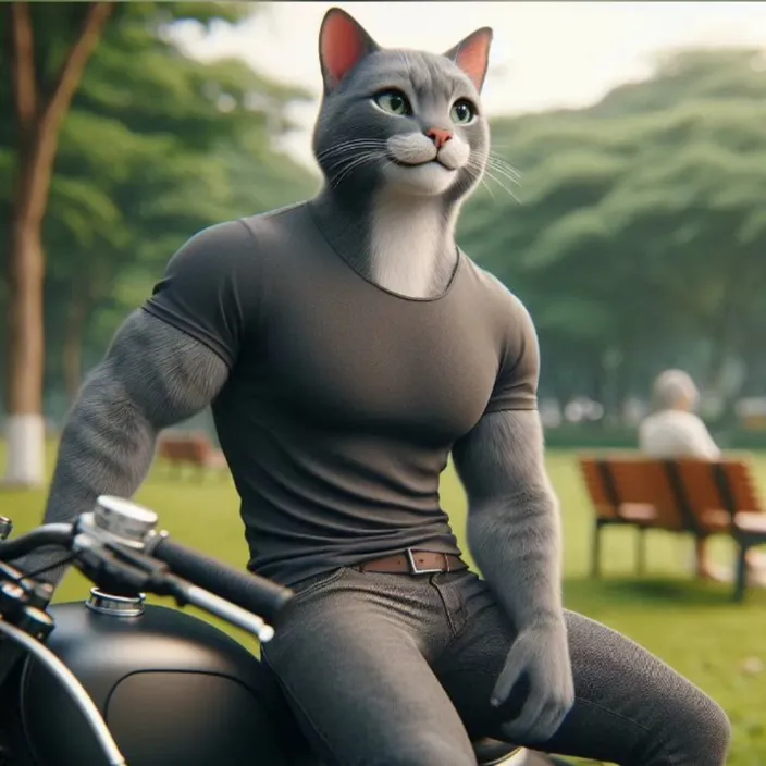 a cat sitting on top of a motorcycle in a park