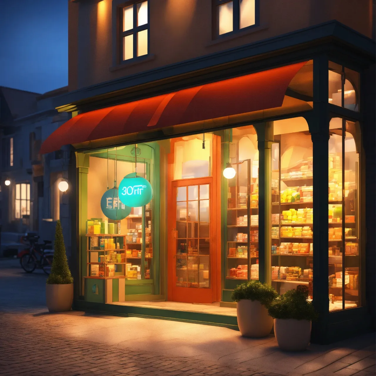 a store front with a red awning at night