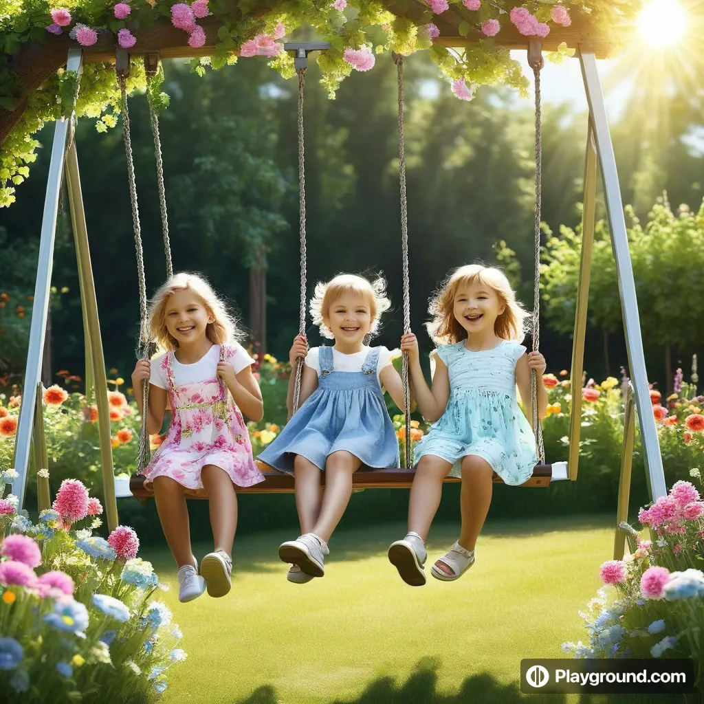 three little girls sitting on a swing in a garden