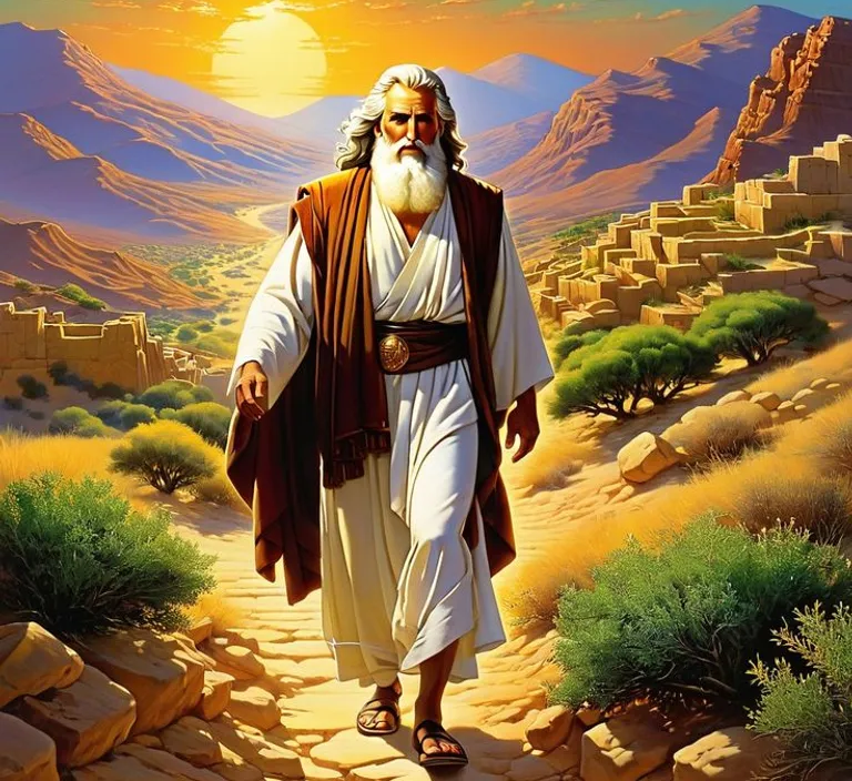 a painting of a man walking down a path