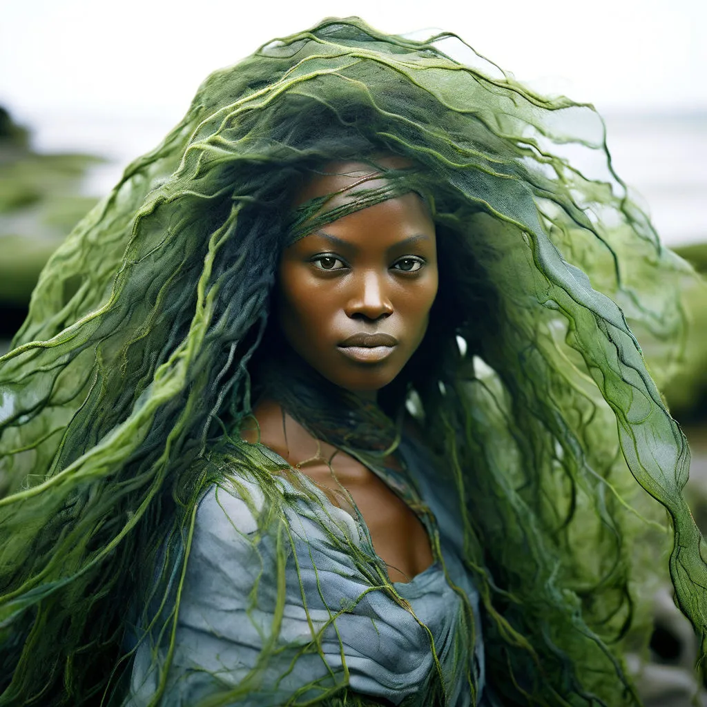 a woman with green hair standing in front of a body of water