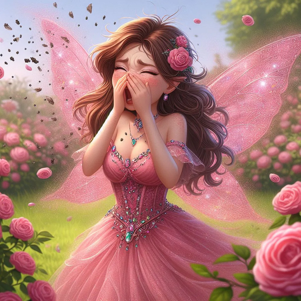 a fairy sneezing in a pink dress standing in a field of roses