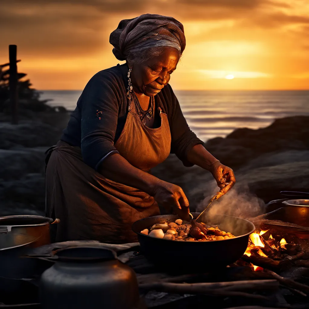 a woman cooking food over an open fire